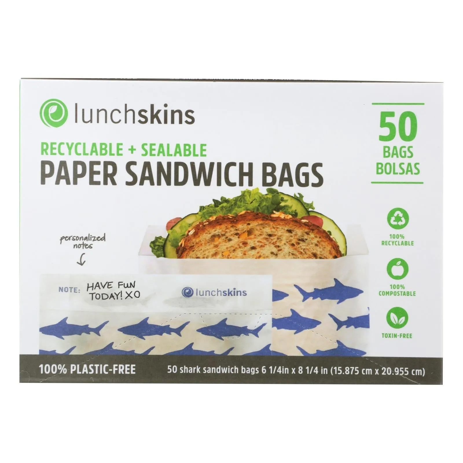 Lunchskins Pack of 12 Sealable Paper Sandwich Bags - 50 Count - Shark Design