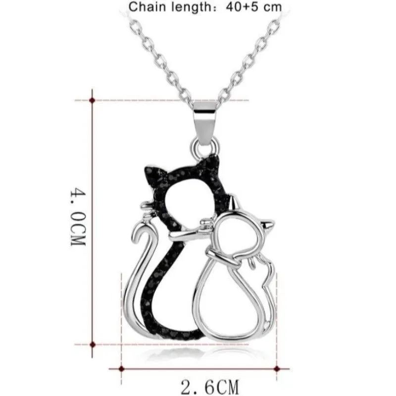 Two Cats 925 Sterling Silver Necklace Cubic Zirconia Cat Lover Pendant